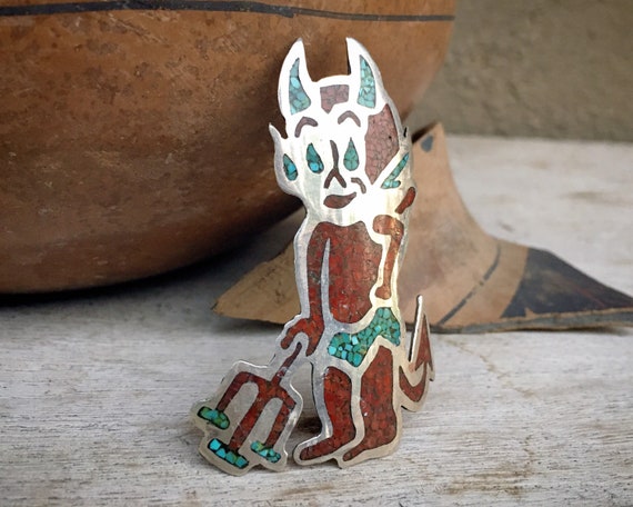 Vintage Navajo Tom James Cartoon Devil Brooch Pin of Crushed Coral Turquoise Inlay, Native America Indian Jewelry, Gift for Devilish Person