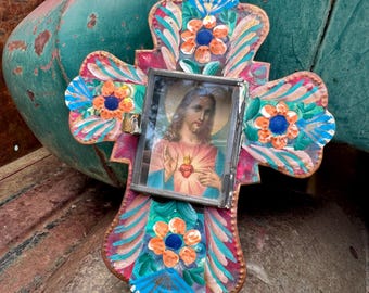 Small Vintage Painted Mexican Tin Shadowbox Wall Hanging w/ Sacred Heart Holy Card