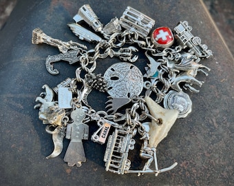 72g Vintage Charm Bracelet Most Sterling Silver, Travel Icons, Statue Liberty, Estate Jewelry