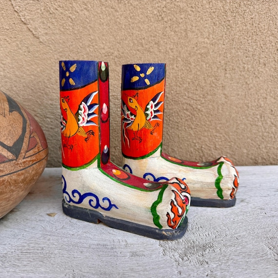 Pair of Vintage Colorful Carved Wooden Boots Figurine