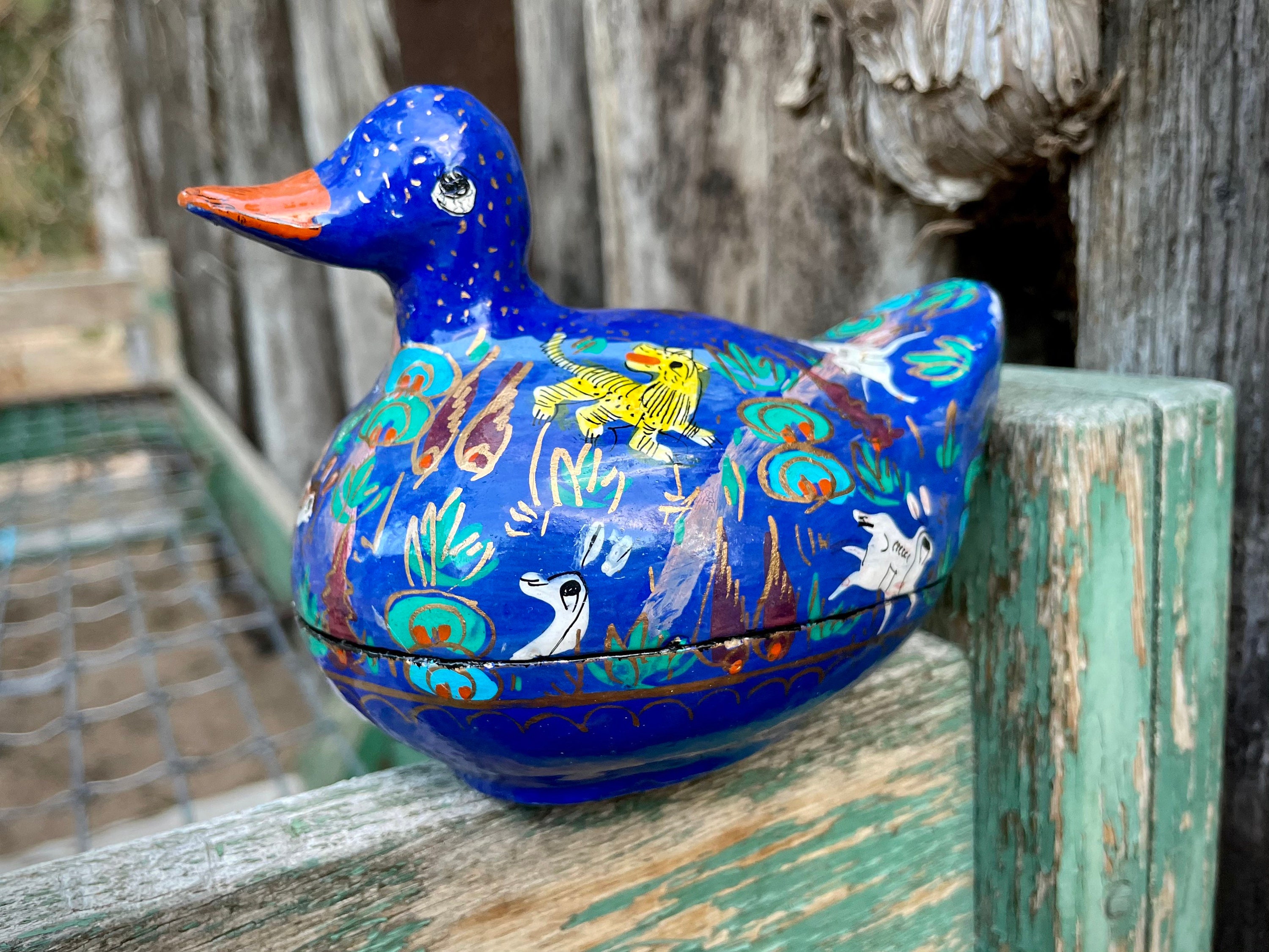 Vintage Colorful Blue Lacquer Painted Wood Box Duck Shape, Animal Design, Folk Art Trinket Holder