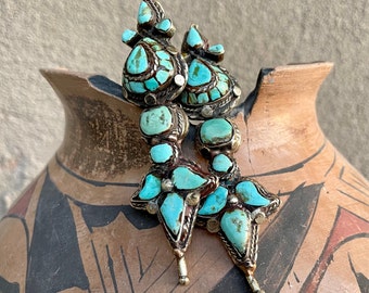 Pair of Vintage Tibetan Turquoise Earrings Tribal Silver w/ Gold Tone Touches, Akor Lotus Bud Shape, Lhasa Women Ornamental Ear Jewelry