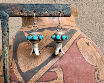 Navajo Monica Smith Sterling Silver Turquoise Squash Blossom Earrings, Smallish Size
