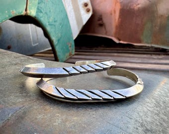 Two Older Narrow Carinated Stamped Ingot Silver Bracelets 6.75 to 7, Navajo Style