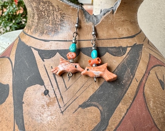 Vintage Hummingbird Earrings, Carved Buff Colored Stone Fetish w/ Turquoise Beads