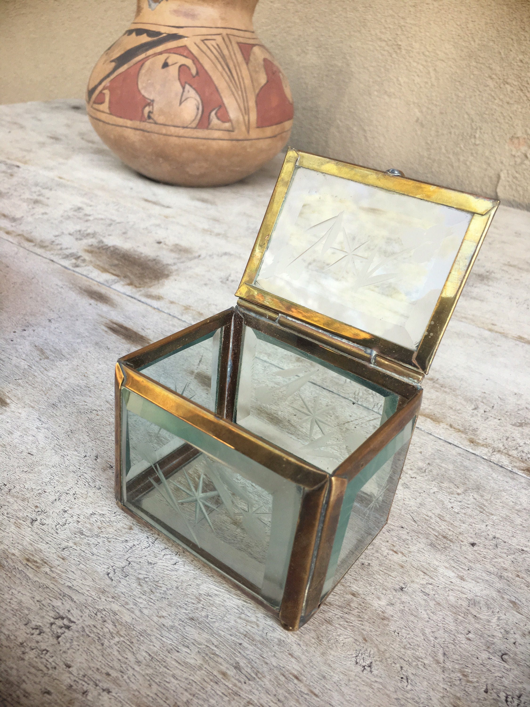Small vintage etched thick beveled glass box with hinged lid