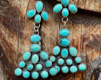Vintage Turquoise Cluster Chandelier Earrings for Women, Native American Indian Statement Jewelry