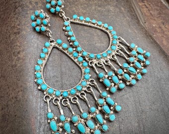 Vintage Zuni Turquoise Snake Eye Earrings with Dangles, Signed P. Laate