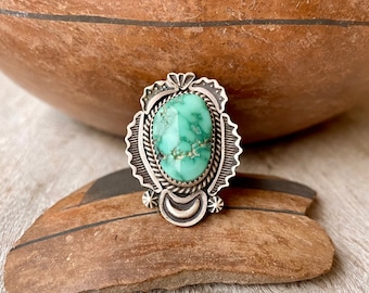 Vintage Navajo Harold Joe Carico Lake Turquoise Ring Size 7.75, Brushed Silver, Native American