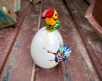 Small Sergio Bustamante Style Sculpture Parrot & Owl Emerging from Egg, Vintage Mexican Folk Art