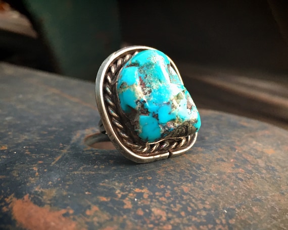 Size 8 #RI74 Chunky Navajo Blue Turquoise Ring Sterling Silver