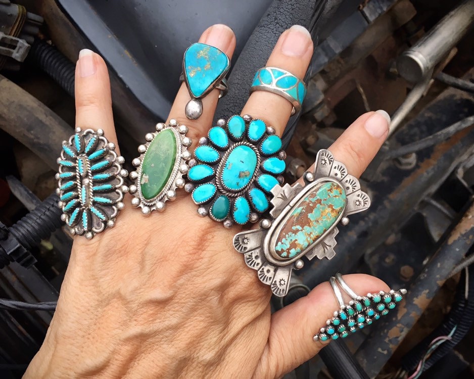 RESERVED for M. / Signed Zuni Needlepoint Cluster Turquoise Ring for