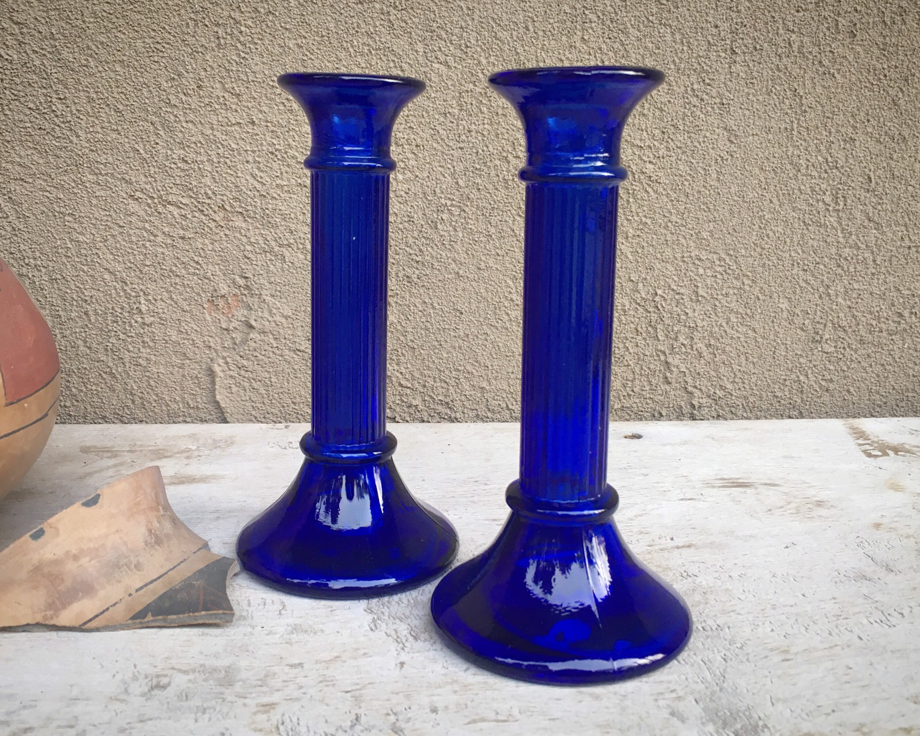 Pair of Vintage Pressed Glass Candlestick Holders Cobalt Blue, Bohemian