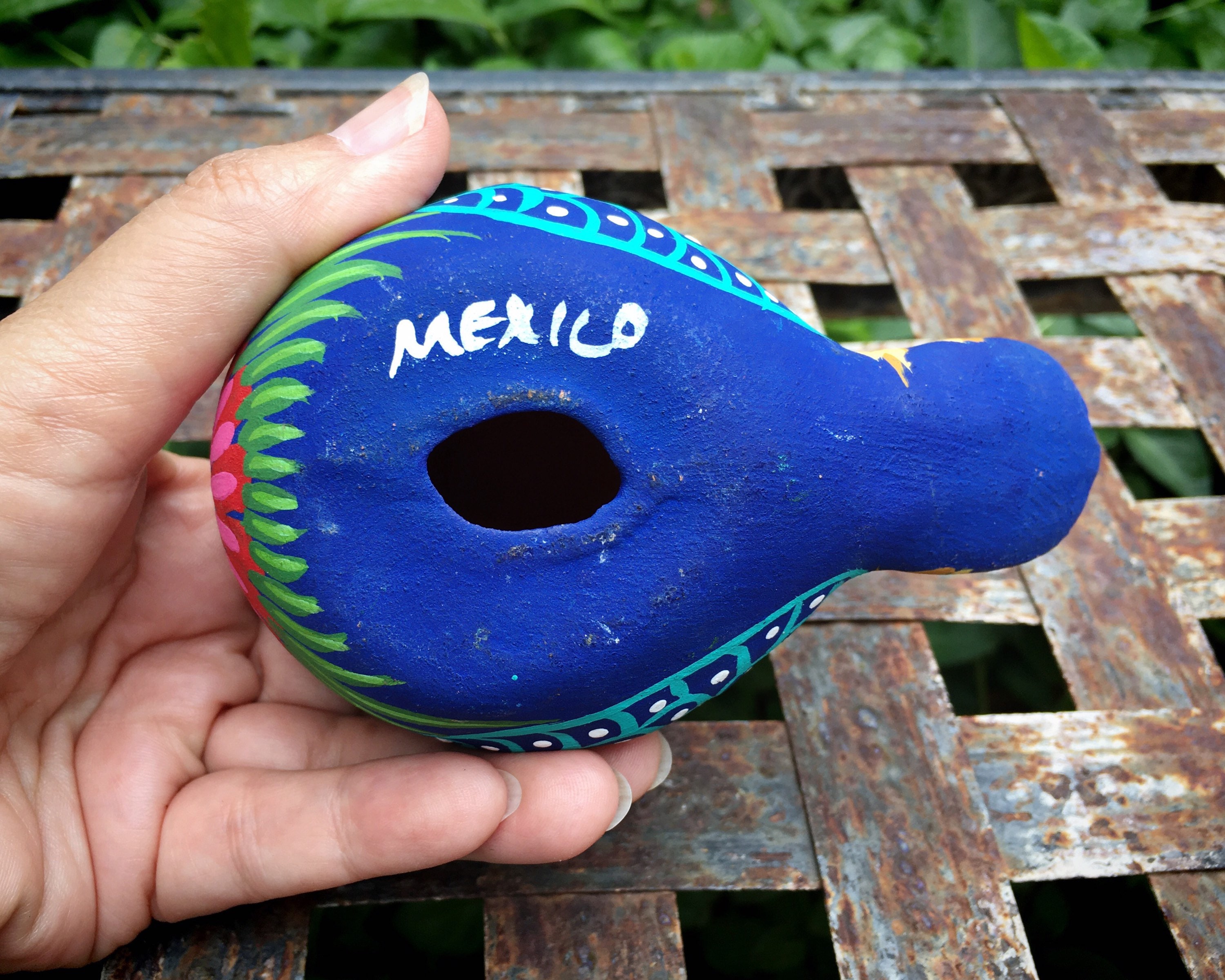 Colorful Pottery Songbird Figurine from Guerrero Mexico, Ceramic Folk