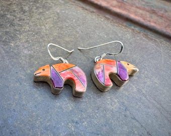 Sterling Silver Spiny Oyster Inlay Bear Earrings, Navajo James Shay