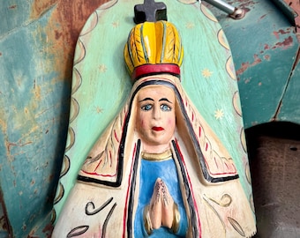 Mexican Carved Painted Saint Retablo Panel 14.5" (Damage), Religious Folk Art