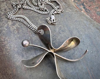 Sterling Silver Modernist Butterfly Pendant Necklace, Vintage Jewelry Scandinavian Style