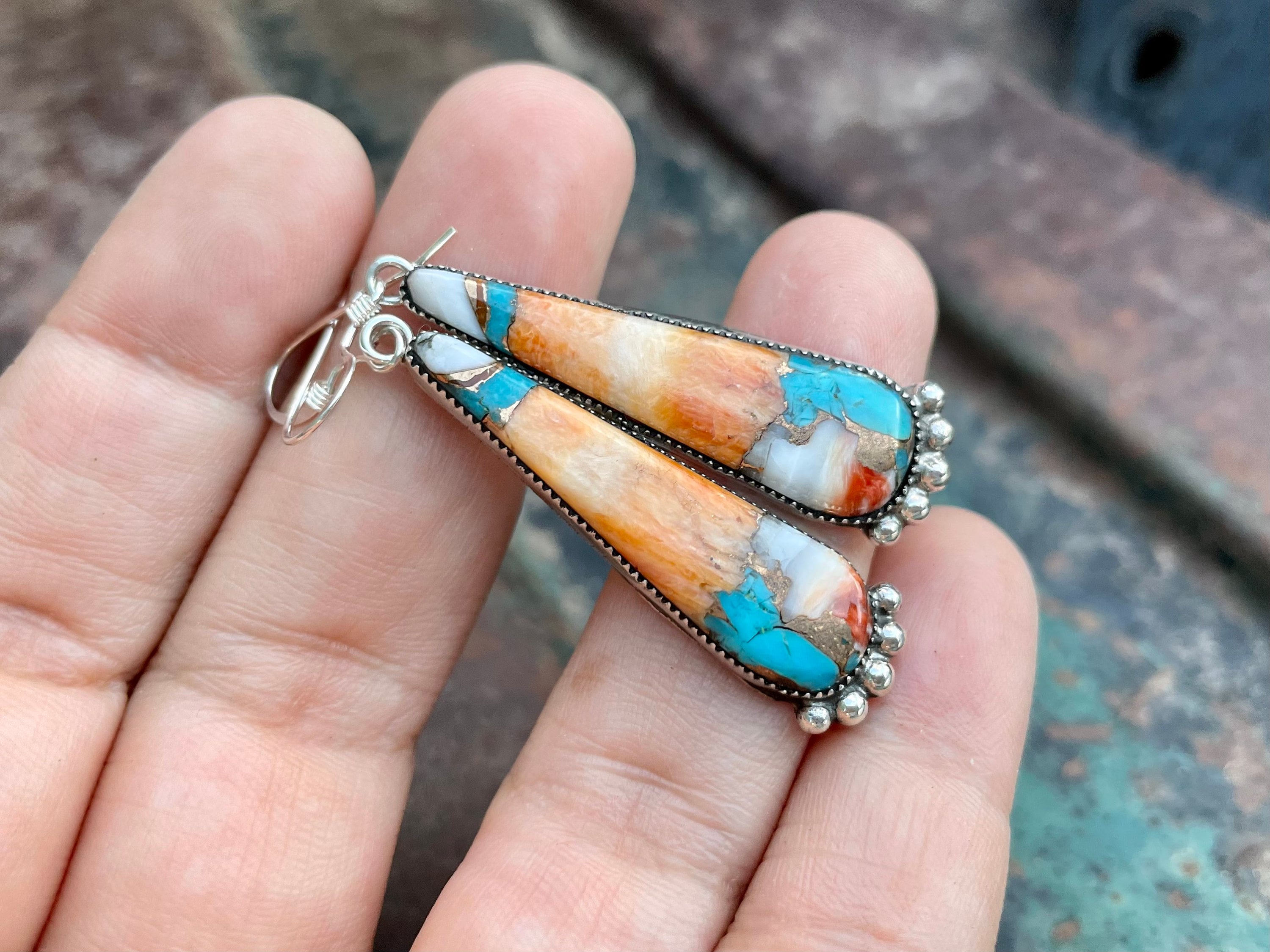 Orange Spiny Oyster Compressed Blue Turquoise Earrings by Navajo