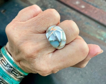 Vintage Mother of Pearl Channel Inlay Domed Ring Size 9-10, Sterling Silver, Southwestern Style