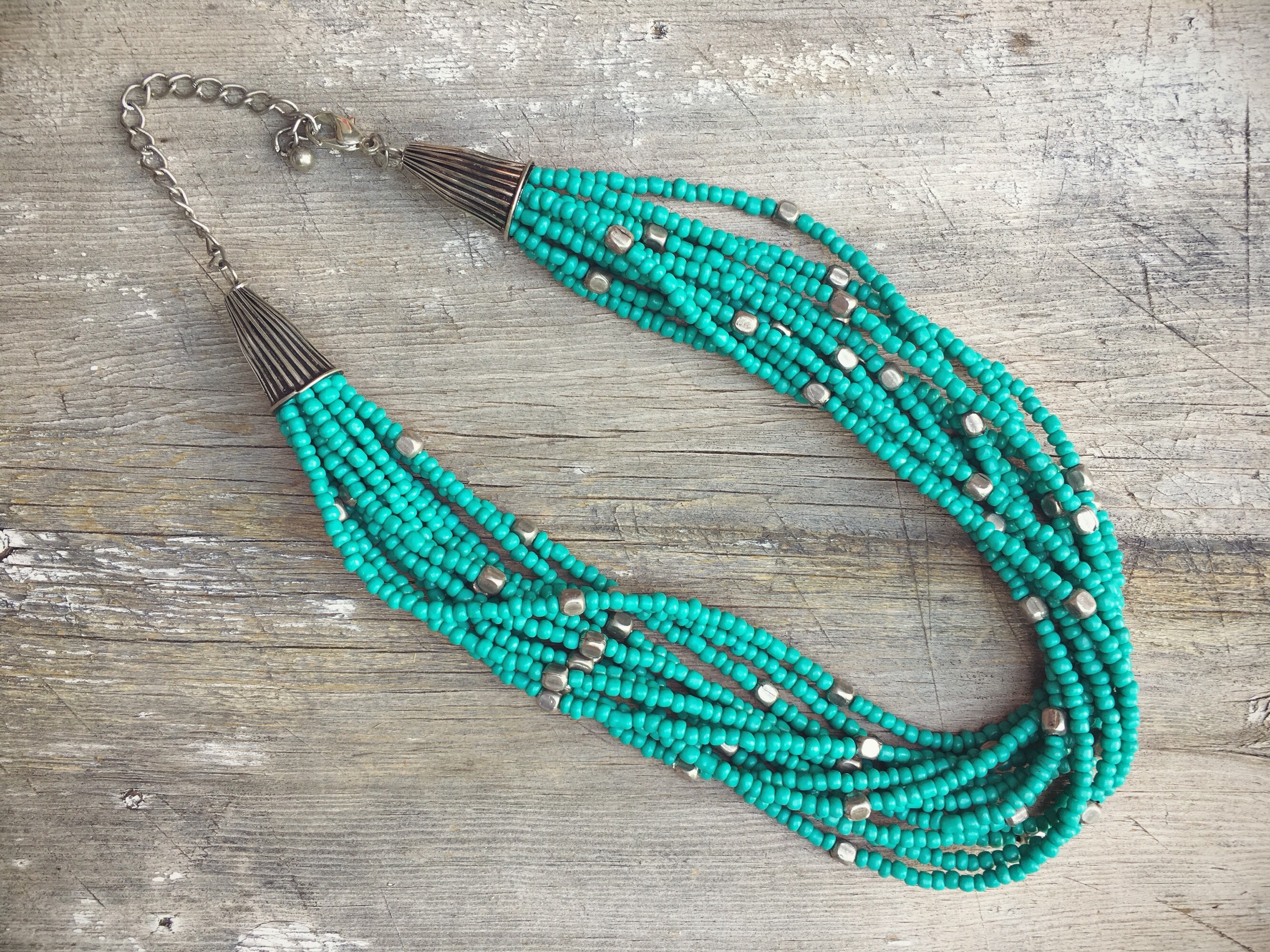 12 Strand Bead Necklace Turquoise Color Glass Beads, Bohemian Necklace ...