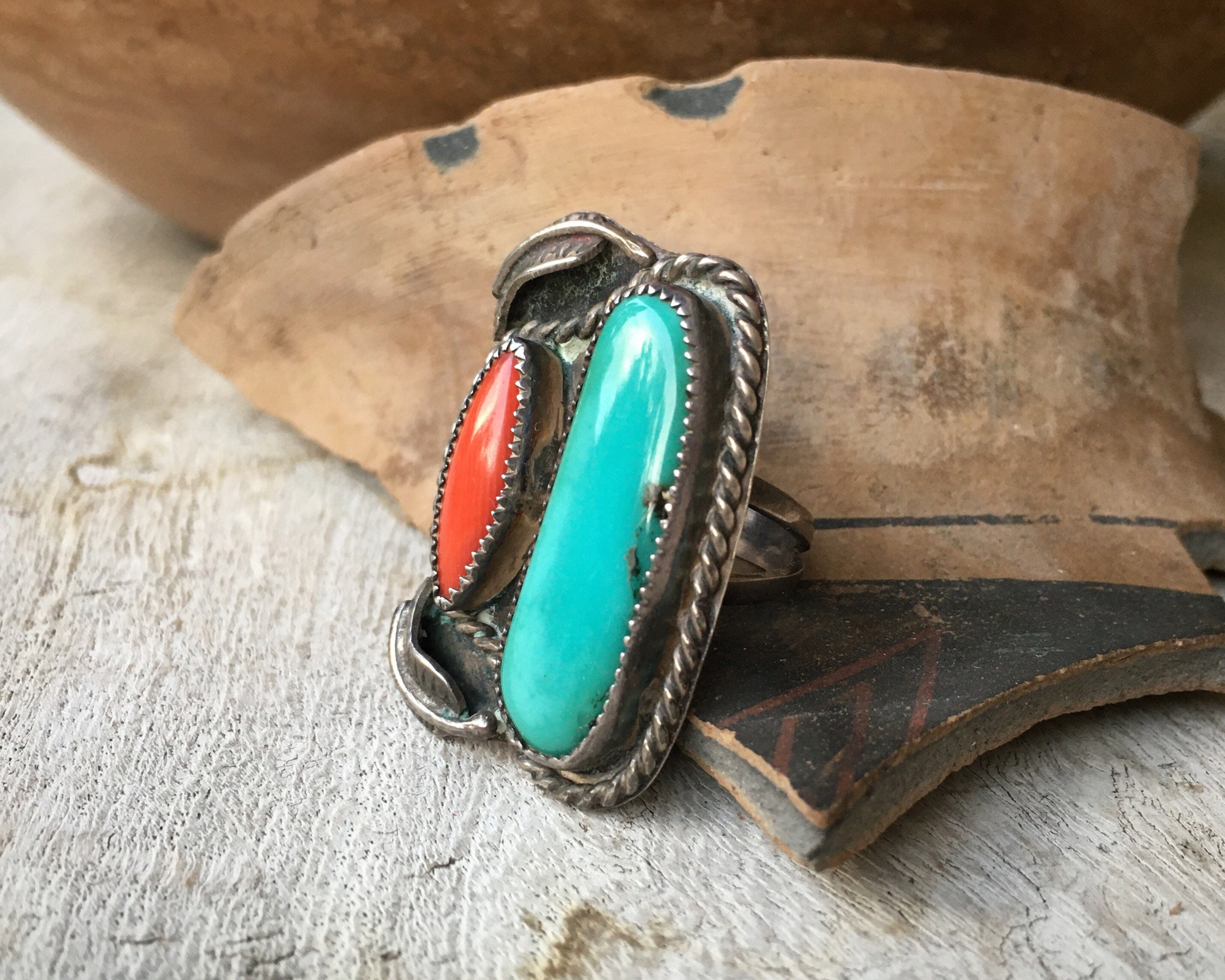 Coral Turquoise Ring Size 7.25 for Women, Native America Indian Jewelry ...