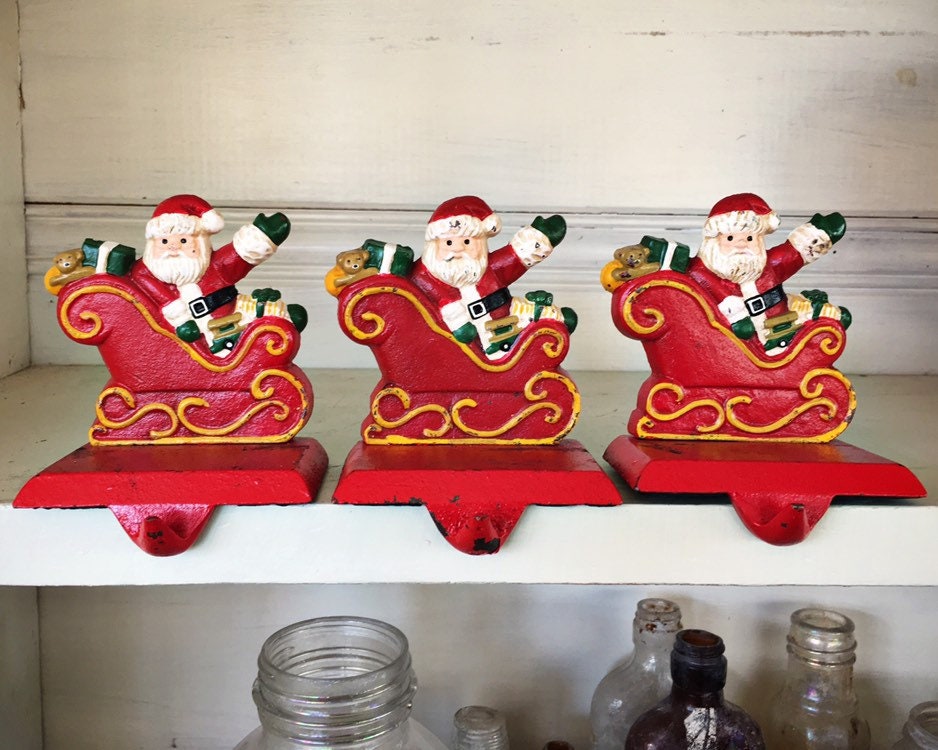 Three Small Cast Iron Santa Claus Christmas Stocking Holders for Mantle,  Vintage Christmas Decor