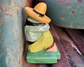 1950s Single Bookend Painted Chalkware of Sleeping Hombre, Rustic Colorful Home Decor Mexican