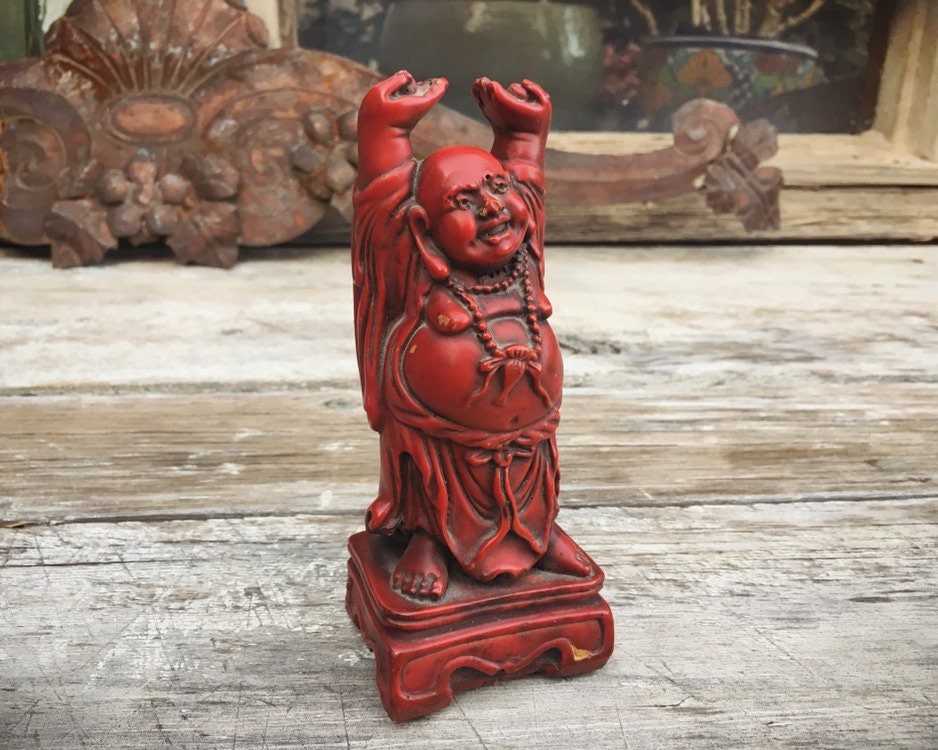 Vintage Red Resin Buddha Figurine, Stretching Laughing Buddha Statue, Zen Altar, Gift for
