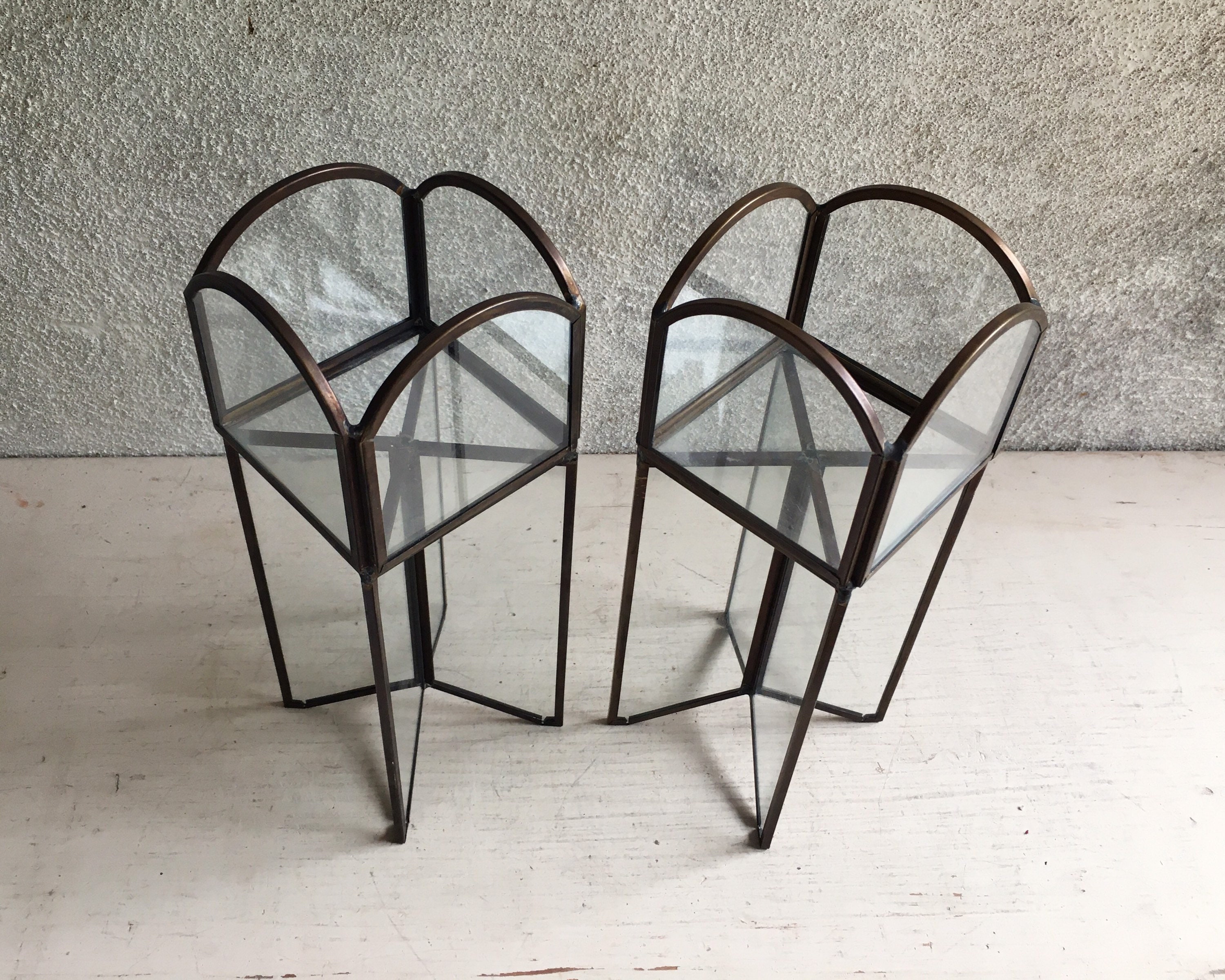 Two Clear Glass Soldered Metal Votive Candle Holders or Tabletop Shelf
