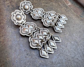 Navajo Harris Joe Sterling Silver Repousse Chandelier Earrings 2.25", Post Dangles