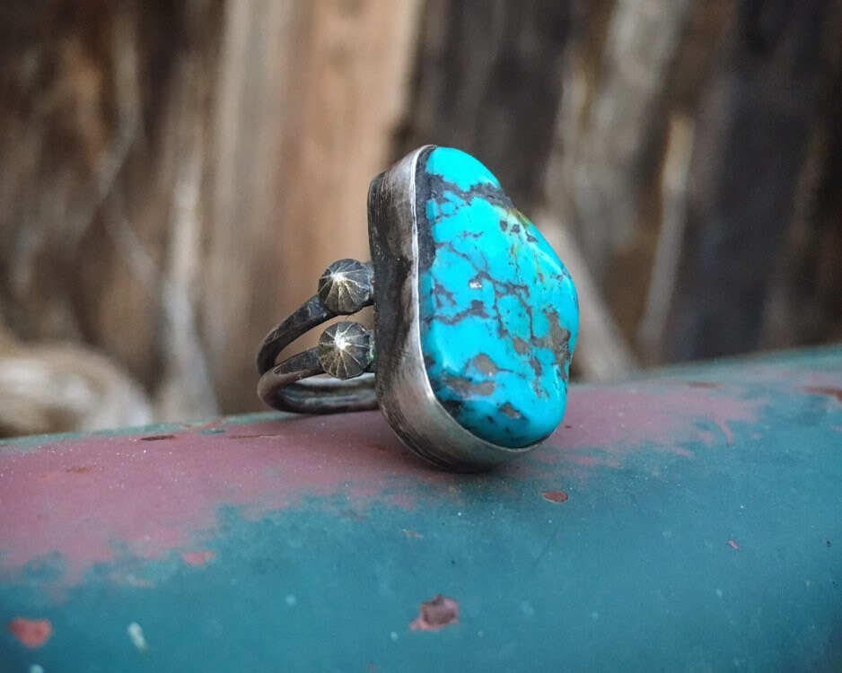 Matrixed Real Turquoise Ring for Women Size 6, Navajo Native America