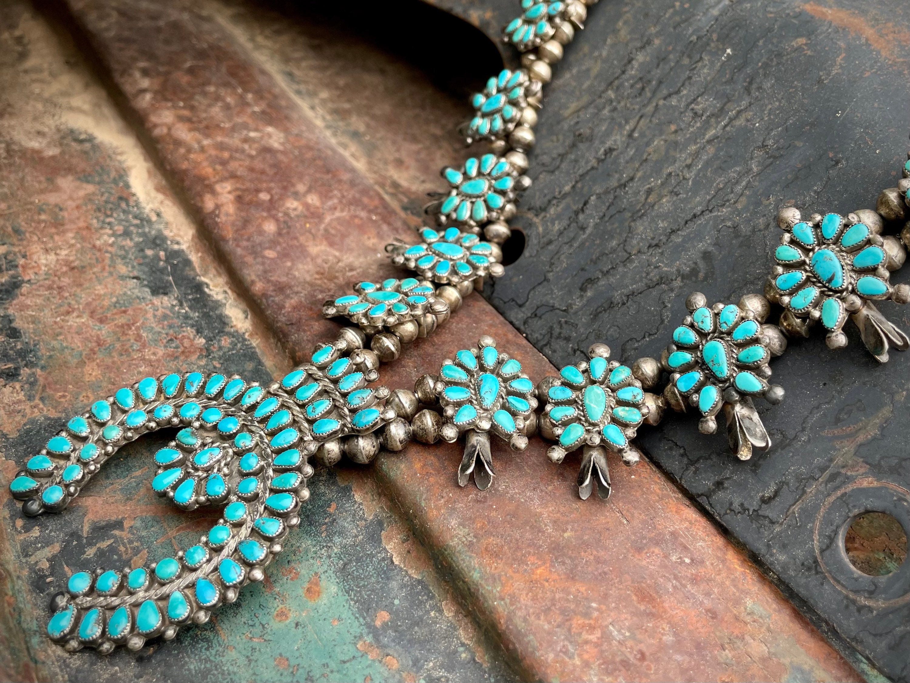 Genuine Vintage Navajo Squash Blossom Necklace with old Natural Kingma –  The Sundance Gallery