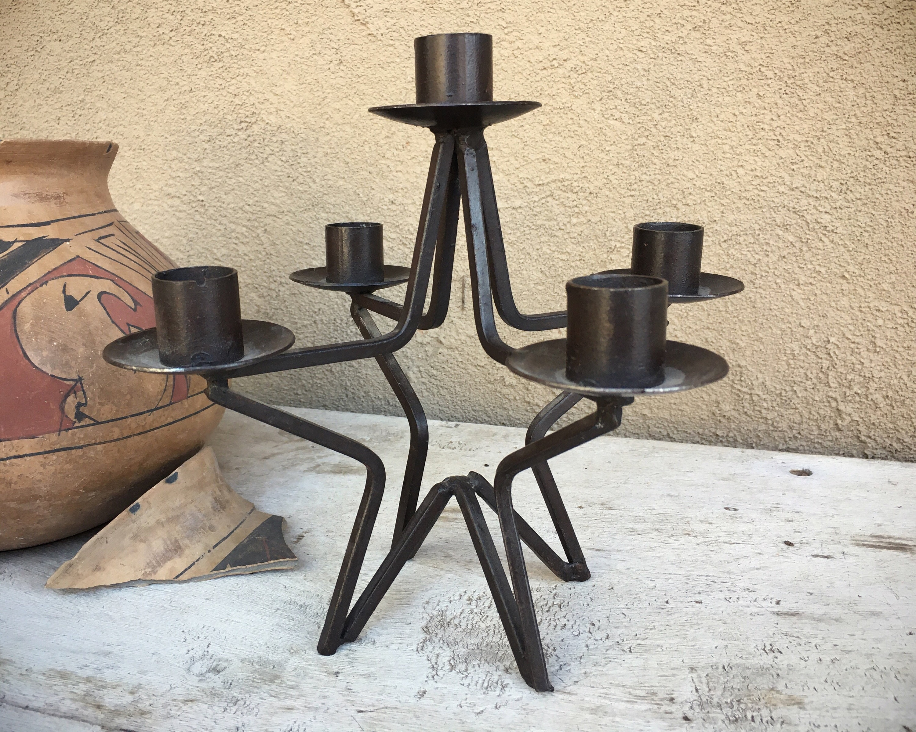 Image showcasing Dark Metal Star Candleholder Small Table Top Candelabra for Holiday ...