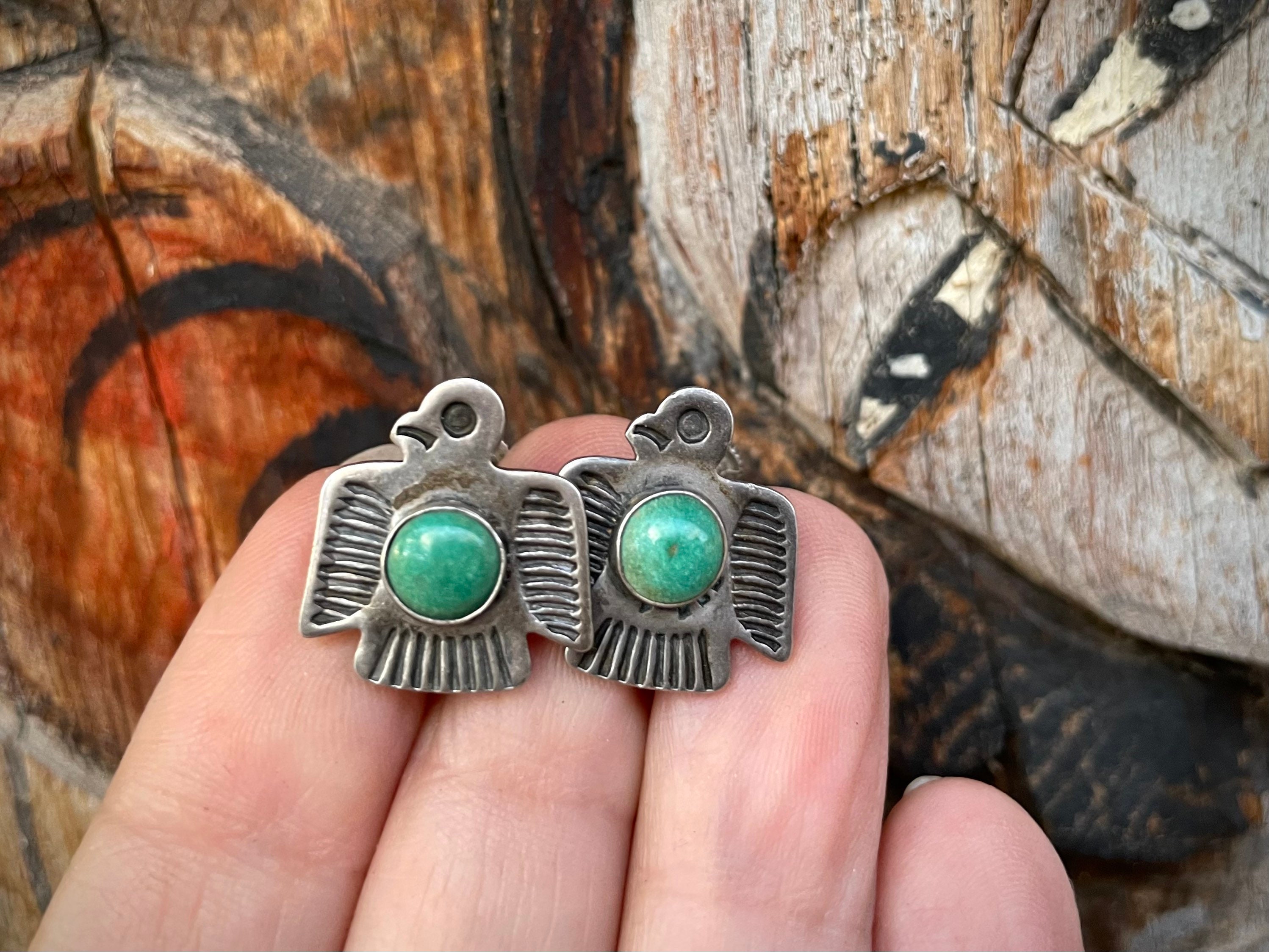 Very Small Fred Harvey Era Screw Back Thunderbird Earrings with Green ...