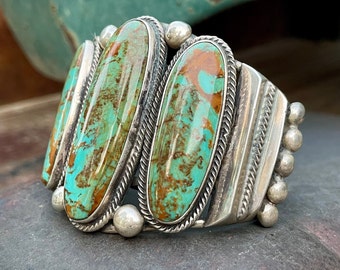 146g Vintage Navajo Three-Stone Turquoise Cuff Bracelet 6.75 Men's Women's, Native American