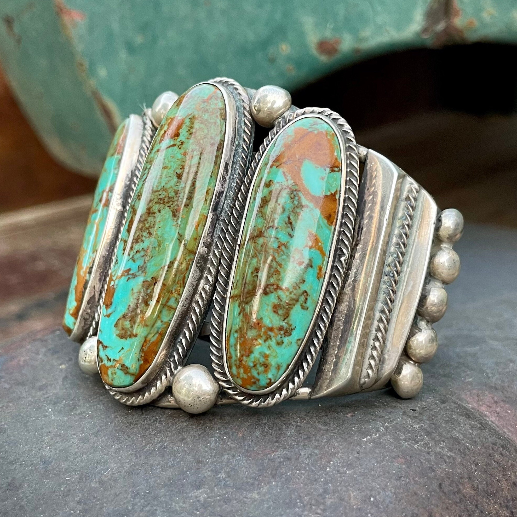 Vintage Navajo Sterling Silver Turquoise Stone Cuff Bracelet