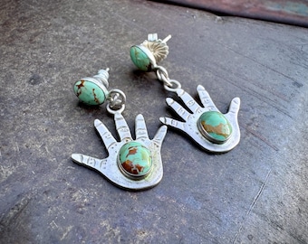 Kewa Jimmy Calabaza Ca-Win Hand Earrings, Sterling Silver Green Turquoise