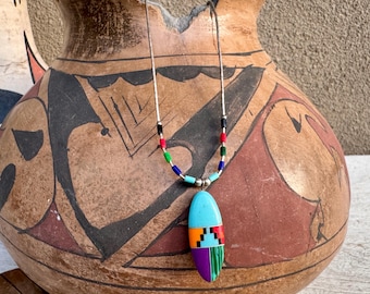 1980s Liquid Silver Bead Necklace with Oval Inlay Pendant Approx 16", Southwestern Jewelry