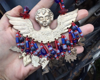 Huge Winged Angel Milagro Charms Trade Bead Necklace 22", Bohemian Jewelry, Good Luck Amulets