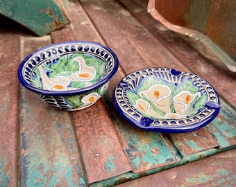 Mexican Talavera Pottery Ashtray & Condiment Bowl Calla Lily Design, Two Pieces