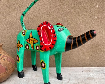 Large Vintage Elephant Sculpture Wood Carving Green w/ Removable Tail, Oaxaca Alebrije