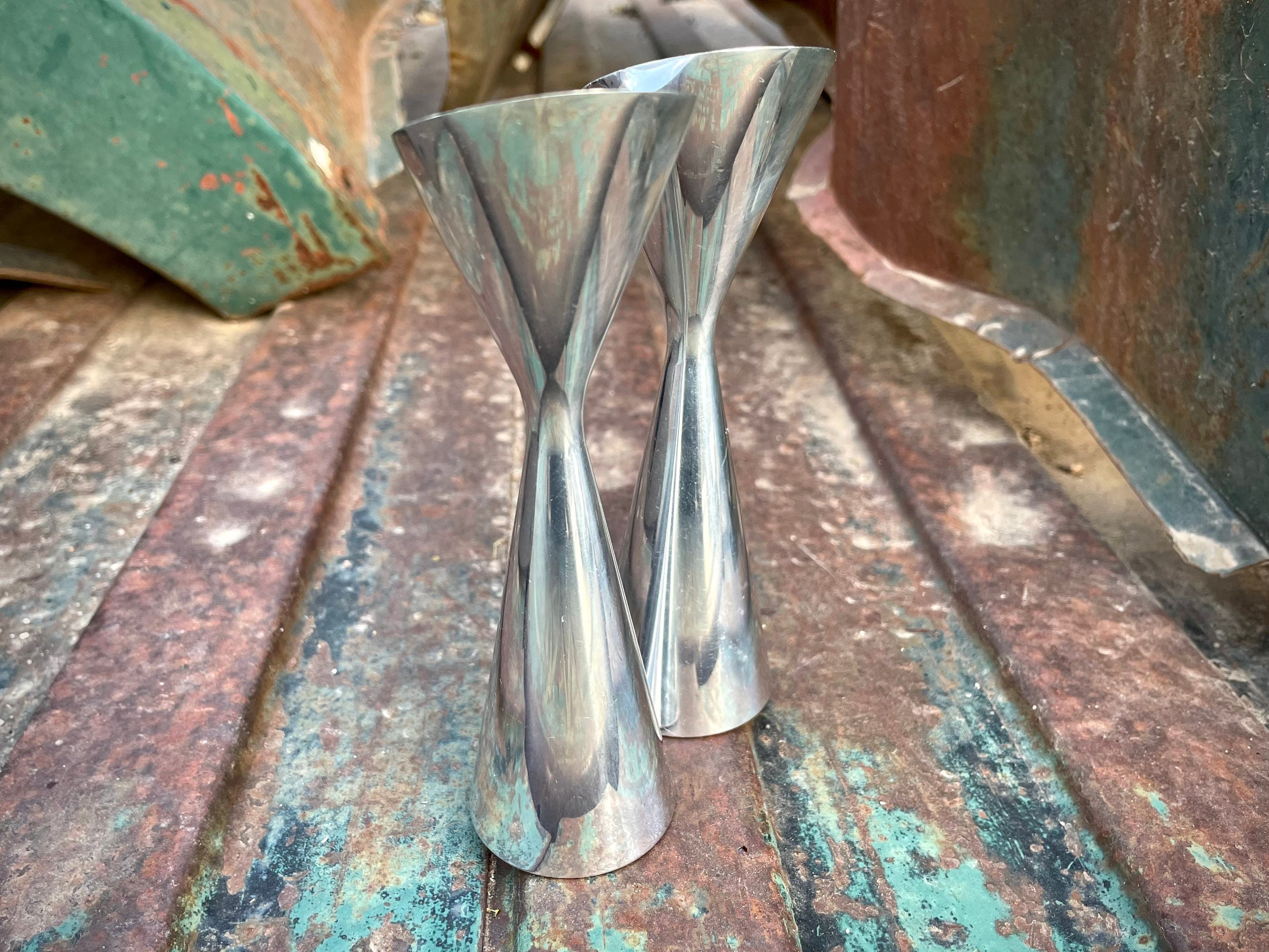 Pair Small 51/2 Tall Vintage Nambe Tapered Candlestick Holders Silver