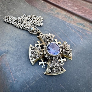 Large Silver Crusaders Cross Pendant Purple Pink Rhinestone on Rolo Link Chain Necklace