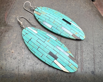 Turquoise Inlay on Shell Earrings Dangle to 3", Kewa Santo Domingo Pueblo