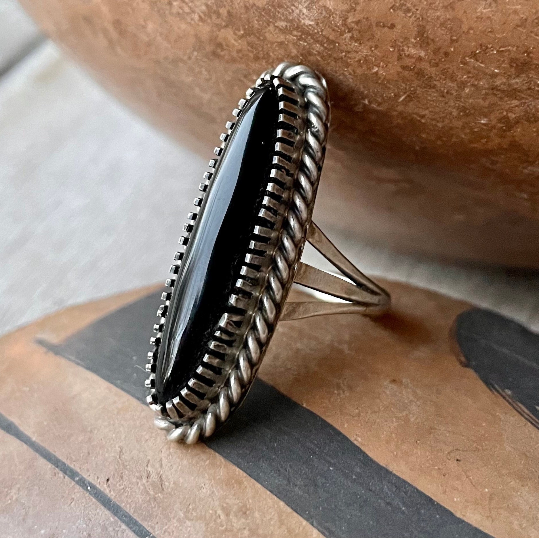 Vintage Black Onyx Sterling Silver Ring Size 7.25, Native American Indian  Jewelry for Women