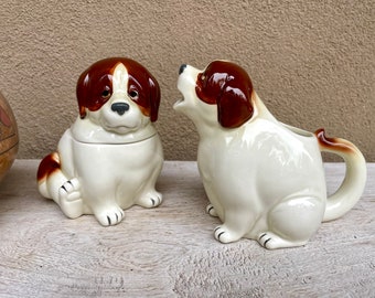 Vintage Ceramic Dog Sugar Bowl and Creamer, Animal Lover Gift Collectible Pitcher, St. Bernard
