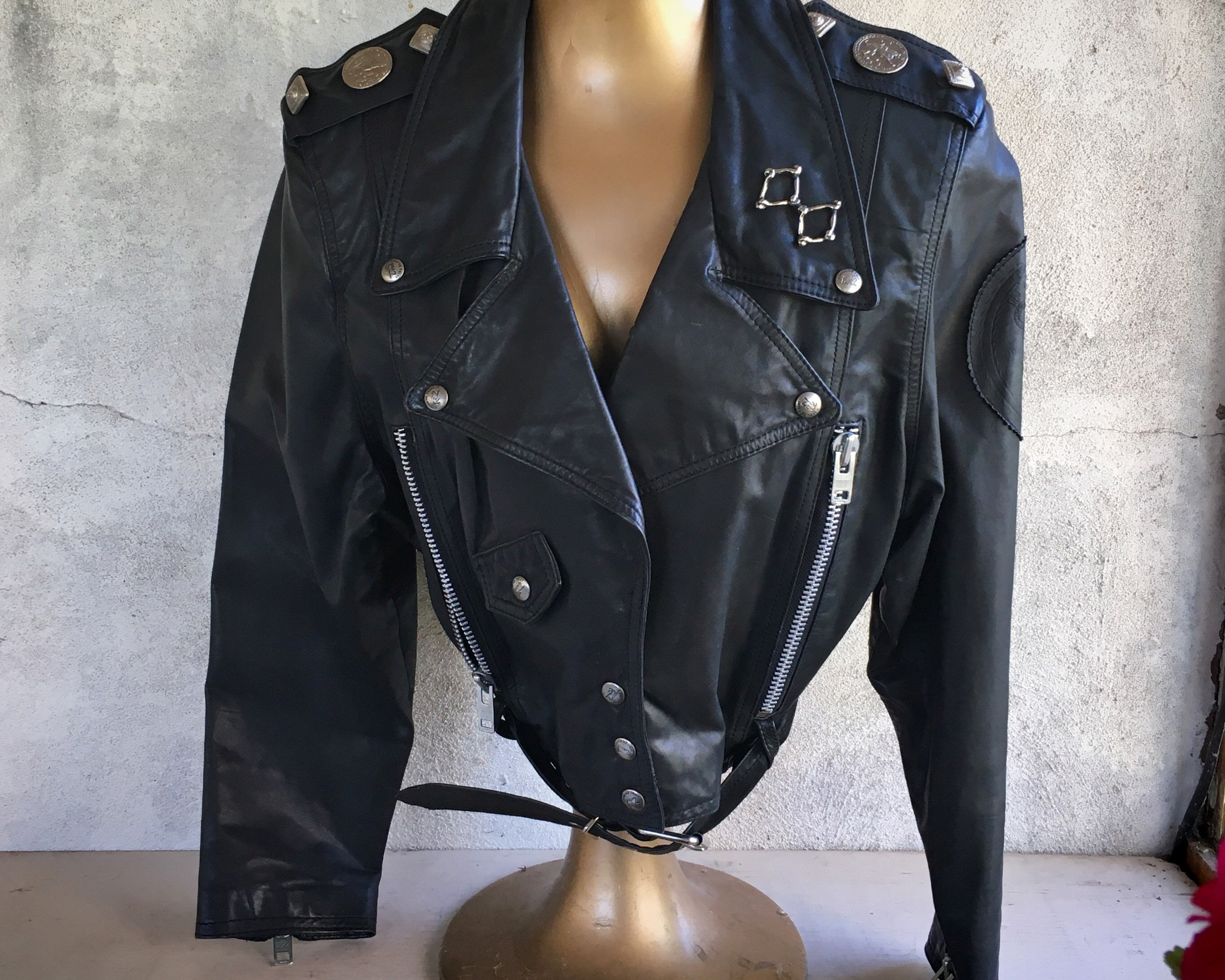 1980s Black Leather Jacket Women s Cropped Waist with Cinch Belt