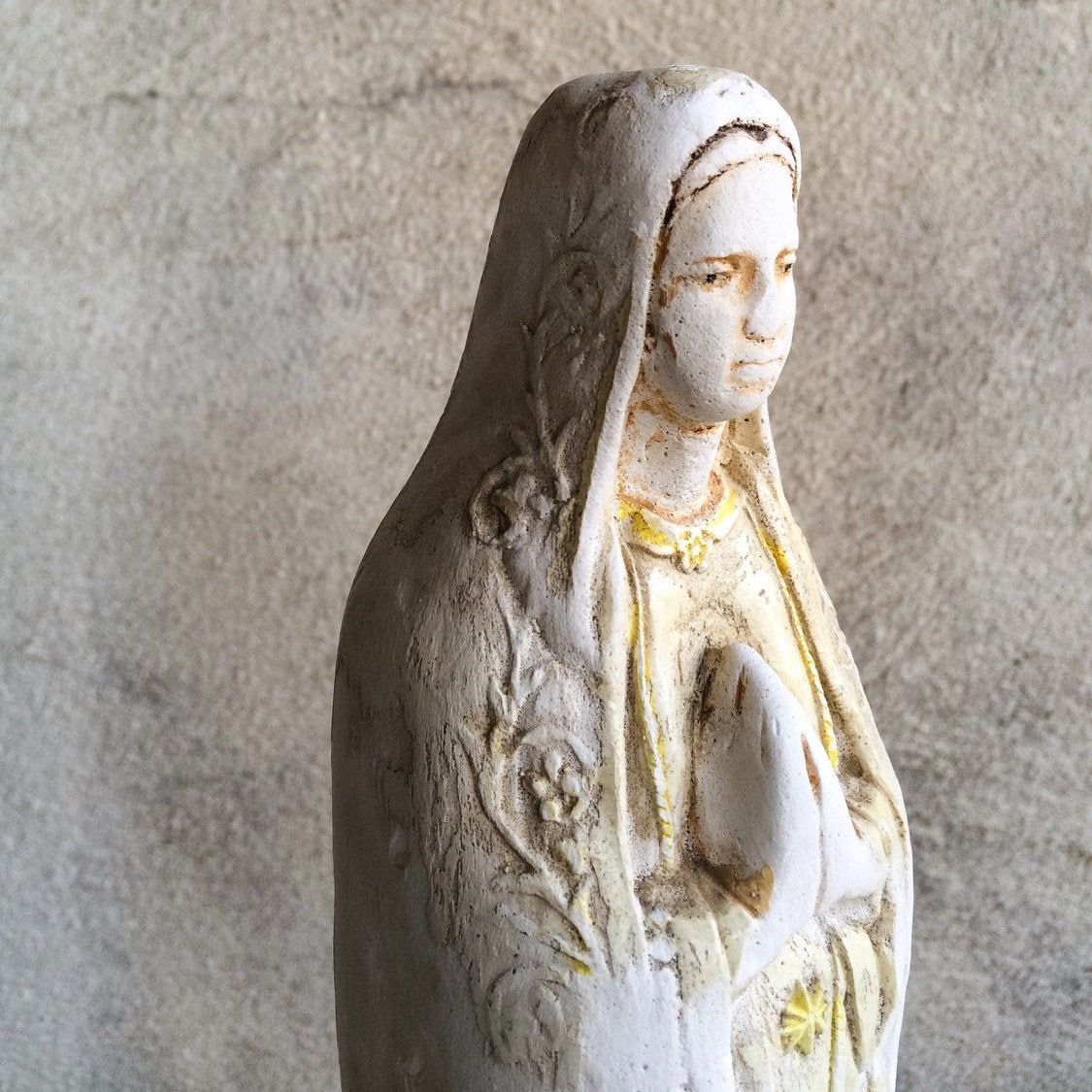 Vintage 12 chalkware Virgin Mary statue eroded by nature, chalk ware