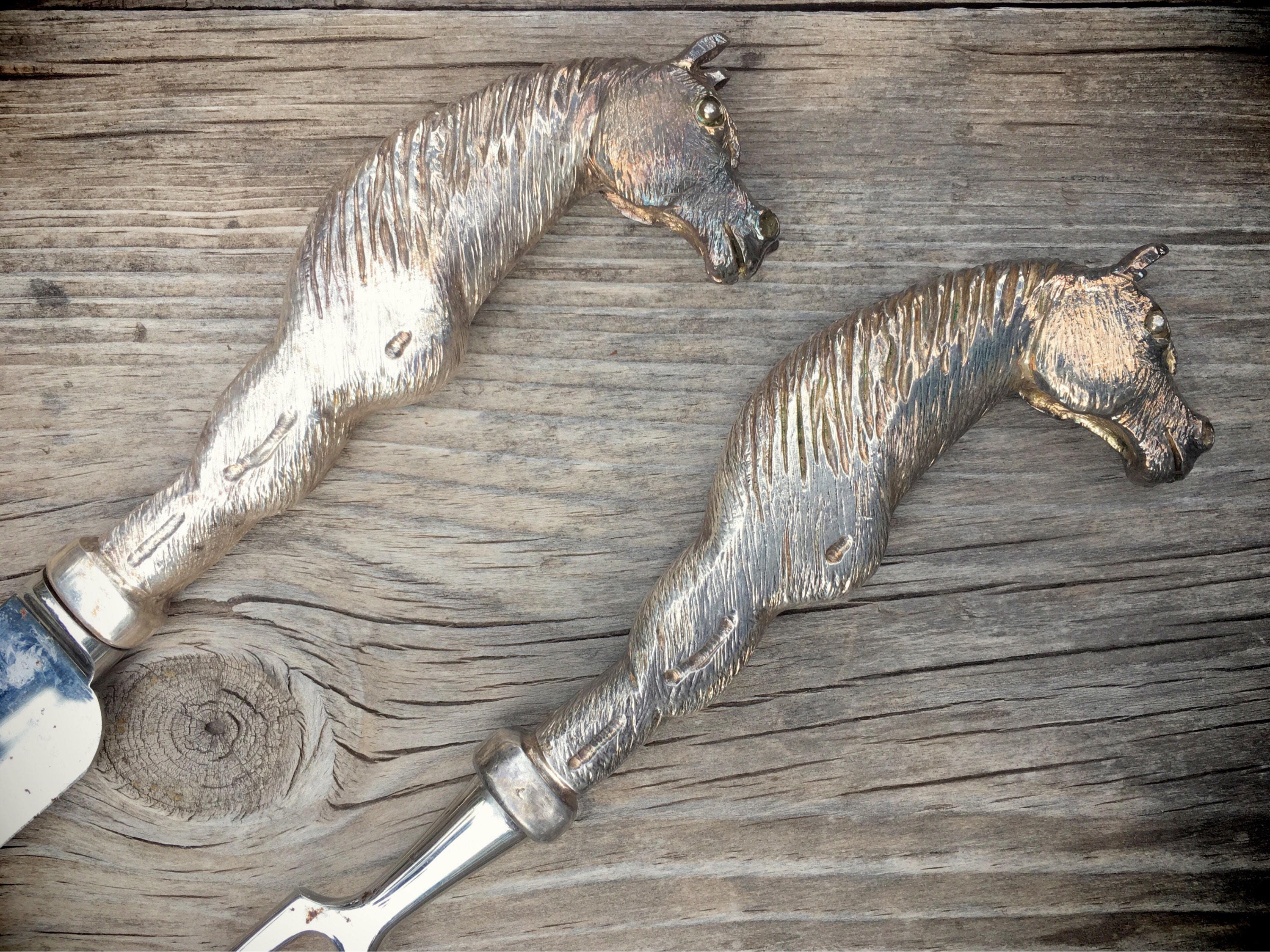 Vintage Sheffield carving knife set horse head handles stainless steel