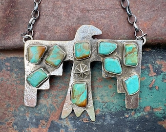 Zuni Jude Candelaria Large Thunderbird Necklace Sterling Silver Turquoise, Bar Style Choker 21"